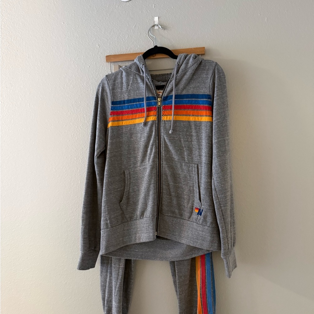 Gray Zip Hoodie with Colorful Stripes - SOLD TOGETHER - both pieces size Medium
